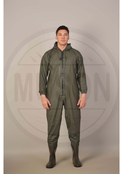 Su Geçirmez Yeşil Boy Tulum Yağmurluk – Fermuarlı Kapüşonlu Çizme Entegreli Tek Parça Koruyucu Giysi – Balıkçılık, Tarım, Inşaat ve Yağmurlu Havalarda Dış Mekan Kullanımına Uygun