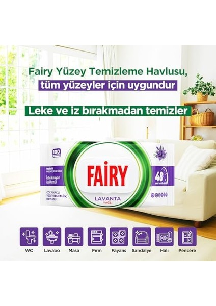 Fairy Çok Amaçlı Yüzey Temizlik Havlusu 100 Yaprak | Lavanta Yağlı | Beyaz Sirke & Karbonat | 48 Saat Temizlik Etkili | Iz Bırakmayan Formül fiyatları