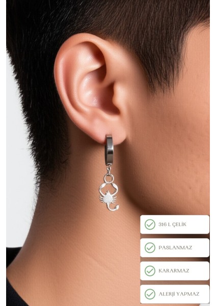 Sıkıştırmalı Deliksiz Akrep Model Sallantılı Erkek Çelik Küpe 1 Adet modelleri