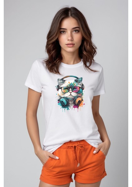 Dj Kedi Baskılı Beyaz Tişört