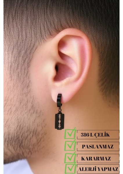 Sıkıştırmalı Deliksiz Jilet Model Sallantılı Erkek Çelik Küpe 1 Adet modelleri