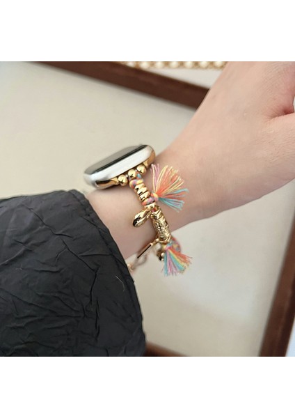 Apple Watch Series 10 42MM/9 8 7 41MM/SE (2023) Se (2022) Se 6 5 4 40MM/3 2 1 38MM Örgü Halat Saat Kayışı ve Barış Kilidi Kolye Ucu - Renkli (Yurt Dışından) indirimleri