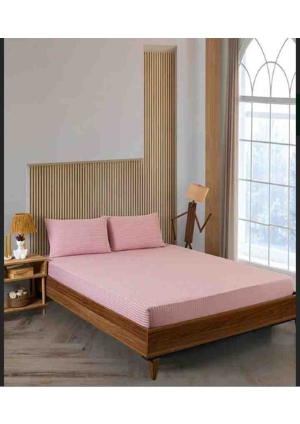 Pamuk Saten Çizgili 1 Adet Lastikli Çarşaf 2 Adet Yastık Kılıfı Seti Pudra Renk