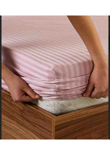 Pamuk Saten Çizgili 1 Adet Lastikli Çarşaf 2 Adet Yastık Kılıfı Seti Pudra Renk fiyatları