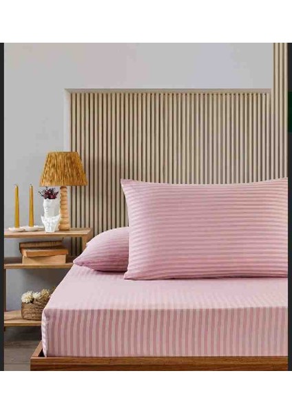 Pamuk Saten Çizgili 1 Adet Lastikli Çarşaf 2 Adet Yastık Kılıfı Seti Pudra Renk modelleri