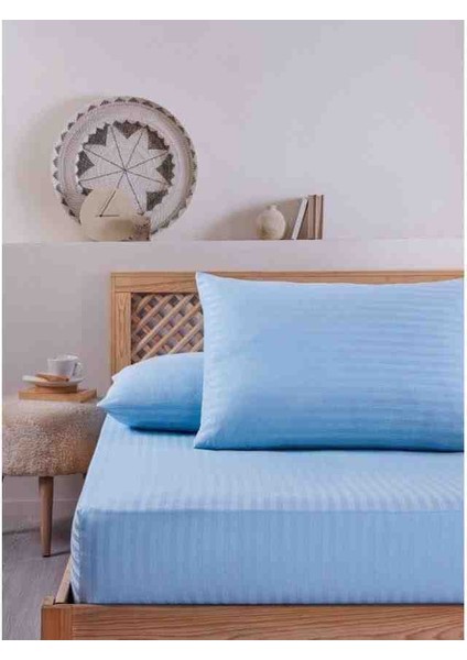 Pamuk Saten Çizgili 1 Adet Lastikli Çarşaf 2 Adet Yastık Kılıfı Seti Mavi Renk fiyatları