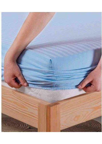 Pamuk Saten Çizgili 1 Adet Lastikli Çarşaf 2 Adet Yastık Kılıfı Seti Mavi Renk modelleri