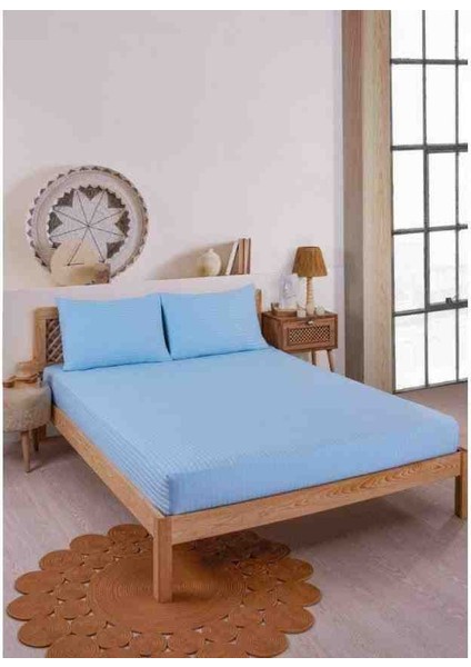 Pamuk Saten Çizgili 1 Adet Lastikli Çarşaf 2 Adet Yastık Kılıfı Seti Mavi Renk