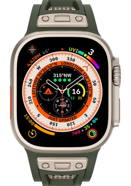 Apple Watch 10 46MM/ULTRA 2/ultra 49MM/9 8 7 45MM/SE (2023) Se (2022) Se 6 5 4 44MM/3 2 1 42MM Petek Saat Kayışı - Ordu Yeşili + Titanyum (Yurt Dışından) modelleri