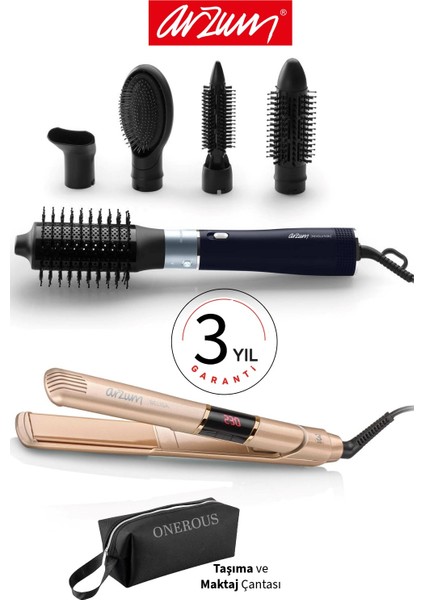 Revolution Hava Üflemeli 5'i 1 Arada Şekillendirici +Arzum Belisa Saç Düzleştirici Keratin Seramik Plaka + Taşıma Çantası