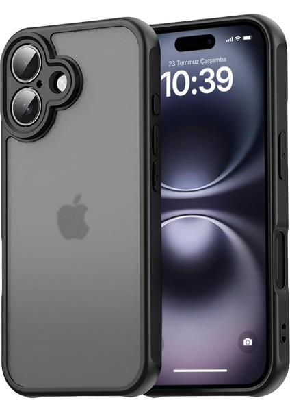 16 Plus ile Uyumlu Mattcover Serisi Arkası Mat Polikarbonat Kenarları Silikon ve Köşeleri Güçlendirilmiş Kamera Korumalı Ince Silikon Kılıf (Düz, 16 Plus)