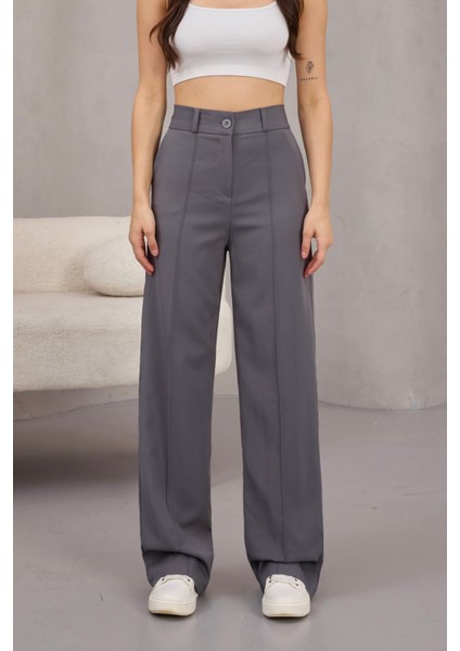 Kadın Yüksek Bel Likralı Geniş Paça Çımalı Rahat Kesim Pantolon