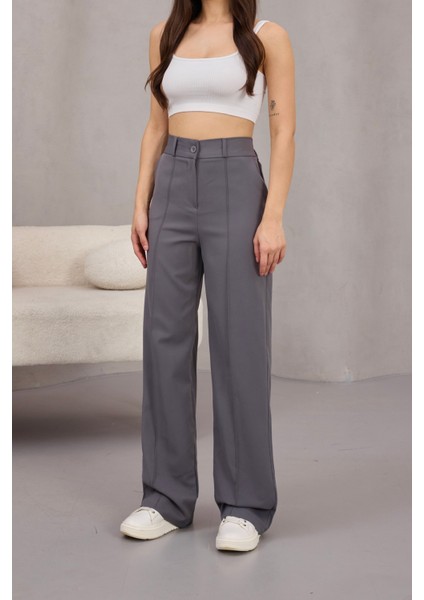 Kadın Yüksek Bel Likralı Geniş Paça Çımalı Rahat Kesim Pantolon