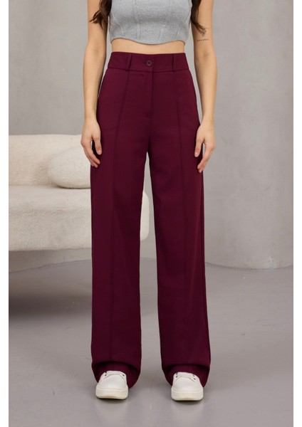 Kadın Yüksek Bel Likralı Geniş Paça Çımalı Rahat Kesim Pantolon