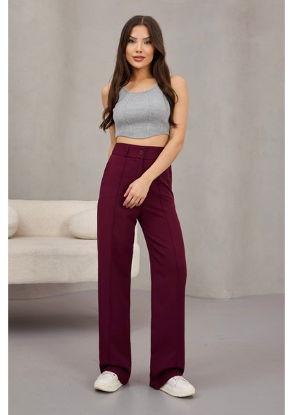 Kadın Yüksek Bel Likralı Geniş Paça Çımalı Rahat Kesim Pantolon