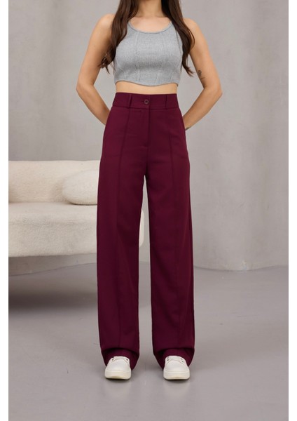 Kadın Yüksek Bel Likralı Geniş Paça Çımalı Rahat Kesim Pantolon