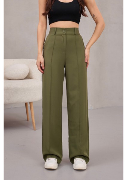 Kadın Yüksek Bel Likralı Geniş Paça Çımalı Rahat Kesim Pantolon
