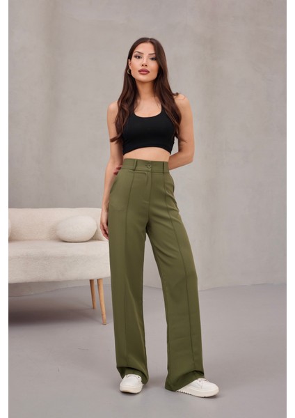Kadın Yüksek Bel Likralı Geniş Paça Çımalı Rahat Kesim Pantolon