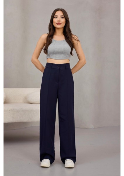 Kadın Yüksek Bel Likralı Geniş Paça Çımalı Rahat Kesim Pantolon