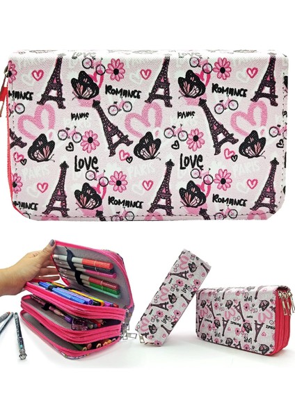 Kutusu Eyfel Paris Desenli Organizer Vegan Deri Üç Bölmeli