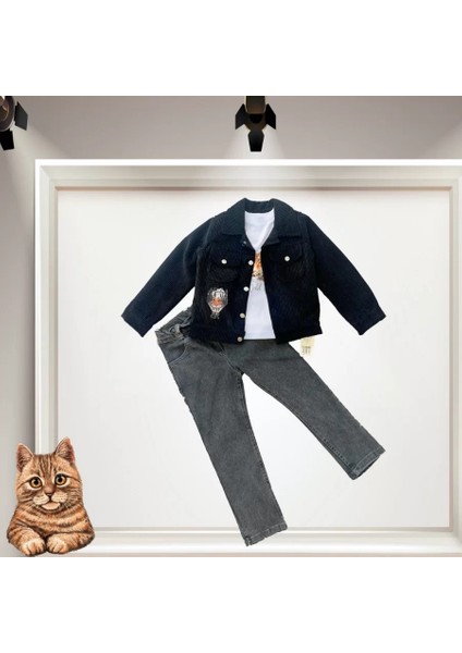 3-4-5 Yaş Fitilli Kadife Ceket Kot Pantolonlu 3lü Kız Erkek Çocuk Takımı Siyah