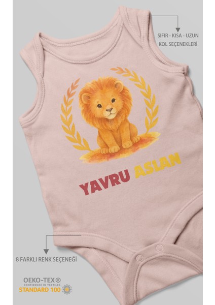 Yavru Aslan Baskılı Bebek Zıbını – Çıtçıtlı Body 8 Renk | %100 Pamuk Sıfır Kol