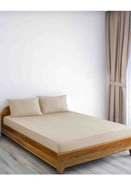Pamuk Saten Çizgili 1 Adet Lastikli Çarşaf 2 Adet Yastık Kılıfı Seti Cappuccino Renk