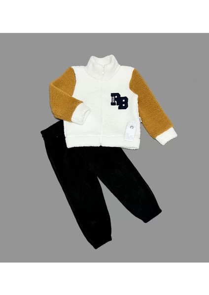 1-2-3 Yaş Kuzu Kumaş Fermuarlı Sweat Kadife Pantolonlu Uzun Kollu Kız Erkek Çocuk 2li Takım Siyah