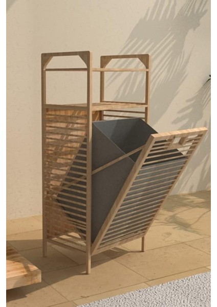 Bambu 2 Raflı Banyo Dolabı, 75L Çıkarılabilir Kumaş Sepetli Kirli Çamaşır Sepeti Organizatörü