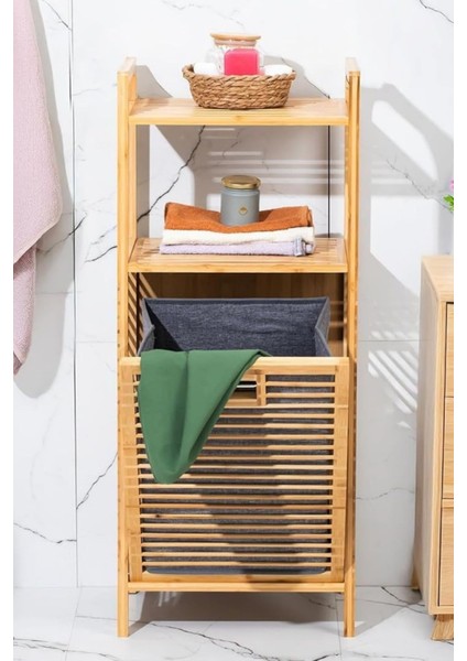 Bambu 2 Raflı Banyo Dolabı, 75L Çıkarılabilir Kumaş Sepetli Kirli Çamaşır Sepeti Organizatörü indirimleri
