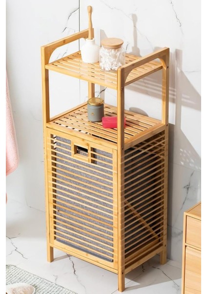 Bambu 2 Raflı Banyo Dolabı, 75L Çıkarılabilir Kumaş Sepetli Kirli Çamaşır Sepeti Organizatörü