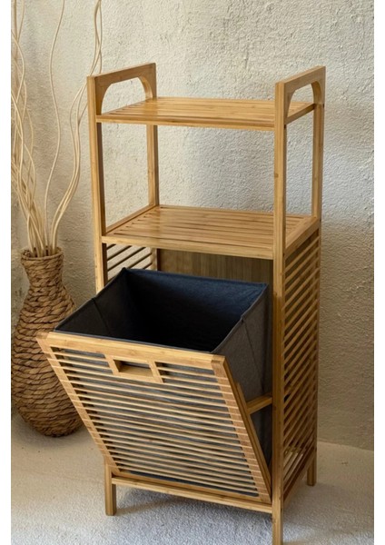 Bambu 2 Raflı Banyo Dolabı, 75L Çıkarılabilir Kumaş Sepetli Kirli Çamaşır Sepeti Organizatörü