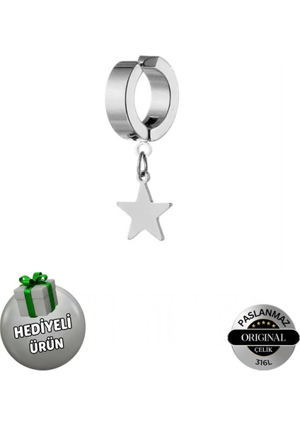 Sıkıştırmalı Deliksiz Yıldız Model Sallantılı Erkek Çelik Küpe 1 Adet