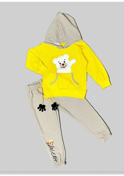 2-3-4 Yaş Pelüş Ayı Desenli Kapşonlu Uzun Kollu Penye Sweat 2li Erkek Çocuk Takımı Sarı