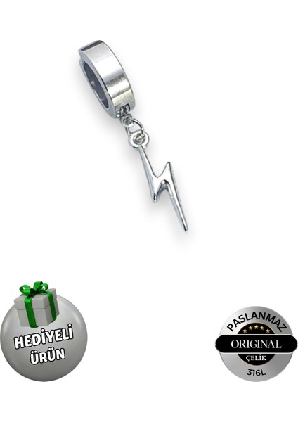 Sıkıştırmalı Deliksiz Trend Şimşek Model Sallantılı Erkek 316L Çelik Küpe 1 Adet