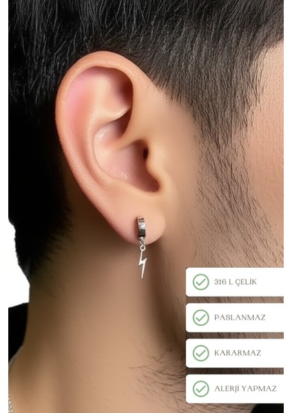 Sıkıştırmalı Deliksiz Trend Şimşek Model Sallantılı Erkek 316L Çelik Küpe 1 Adet fiyatları