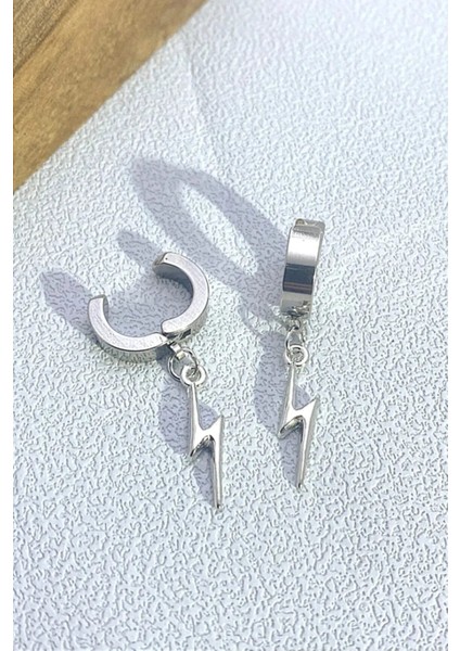 Sıkıştırmalı Deliksiz Trend Şimşek Model Sallantılı Erkek 316L Çelik Küpe 1 Adet