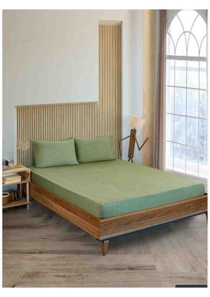 Pamuk Saten Çizgili 1 Adet Lastikli Çarşaf 2 Adet Yastık Kılıfı Seti Mint Yeşil Renk