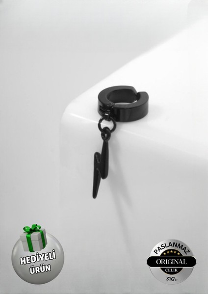 Sıkıştırmalı Deliksiz Trend Şimşek Model Sallantılı Erkek 316L Çelik Küpe 1 Adet