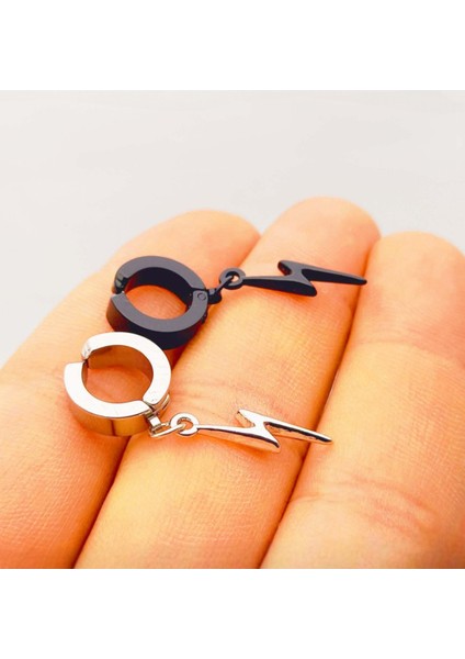 Sıkıştırmalı Deliksiz Trend Şimşek Model Sallantılı Erkek 316L Çelik Küpe 1 Adet