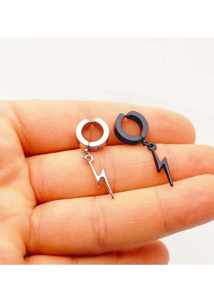 Sıkıştırmalı Deliksiz Trend Şimşek Model Sallantılı Erkek 316L Çelik Küpe 1 Adet