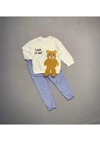 2-3-4 Yaş Ayıcık Sallanan Ayak Desenli Likra Penye Kumaş Sweat Pantolonlu Kız Erkek 2li Çocuk Takımı Ekru fiyatları