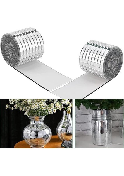 2 Rulo Gümüş Renk Aynalı Mozaik Taşlı Dekor Bant Yapışkanlı Kare Cam Ayna Taş Parti Süsleme Bandı