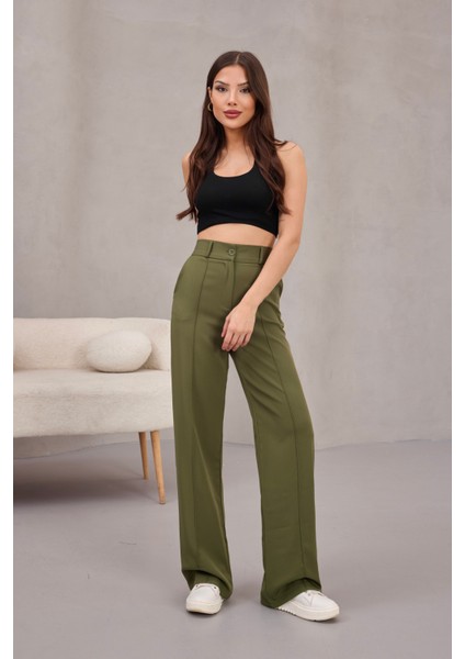 Kadın Yüksek Bel Likralı Geniş Paça Çımalı Rahat Kesim Pantolon
