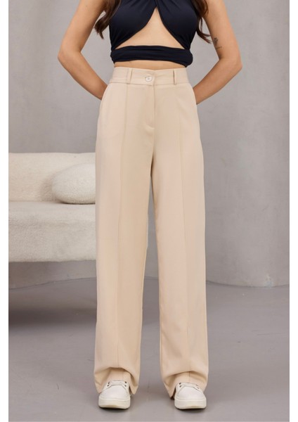 Kadın Yüksek Bel Likralı Geniş Paça Çımalı Rahat Kesim Pantolon
