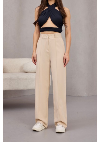 Kadın Yüksek Bel Likralı Geniş Paça Çımalı Rahat Kesim Pantolon