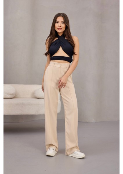 Kadın Yüksek Bel Likralı Geniş Paça Çımalı Rahat Kesim Pantolon