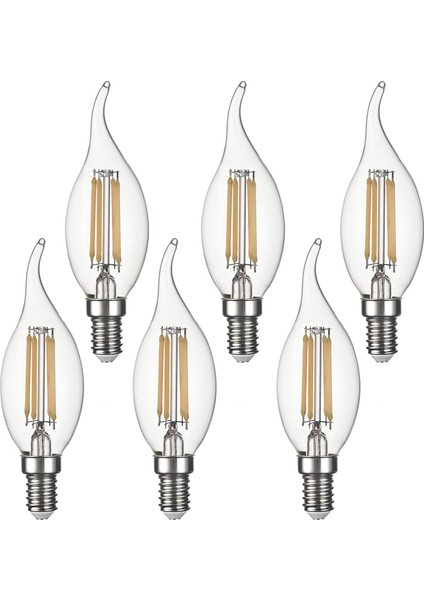 6 Adet Kıvrık Buji Ampul 4W Şeffaf Filament LED Ampul – E14 Duy, 3200K Günışığı Işık - - Avize Ampulü