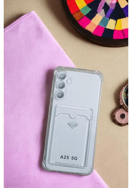 Galaxy A25 Kılıf Kartlıklı Köşe Koruma Tasarımlı Renkli Şeffaf K-Kart Kılıf (Şeffaf)