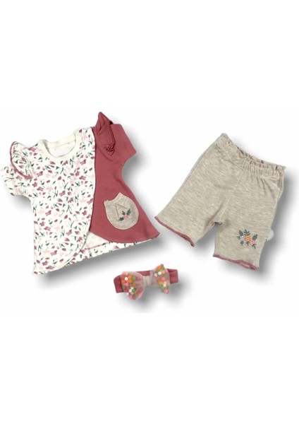 3-6 6-9 9-12 Ay Melek Kız Nakışlı Bandanalı Kısa Kollu Sweatli Şortlu 3lü Kız Bebek Takımı Nar Çiçeği